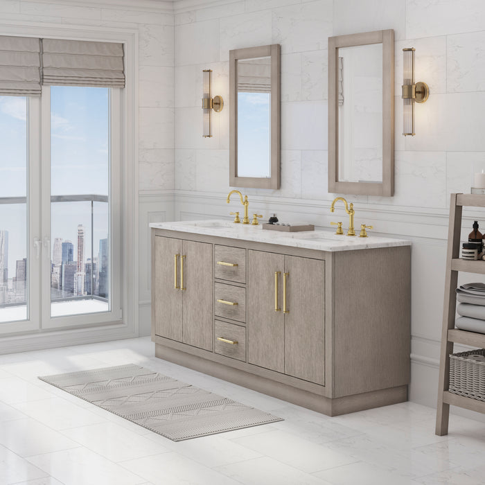 Water Creation | Hugo 72" Double Sink Carrara White Marble Countertop Vanity in Grey Oak and Gold Trim Water Creation - Vanity Water Creation 21" Rectangular Mirror Hook Spout Faucet 