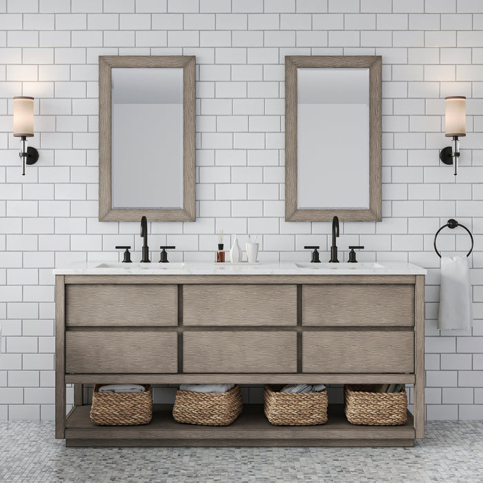 Water Creation | Oakman 72" Double Sink Carrara White Marble Countertop Bath Vanity in Grey Oak Water Creation - Vanity Water Creation 21" Rectangular Mirror No Faucet 