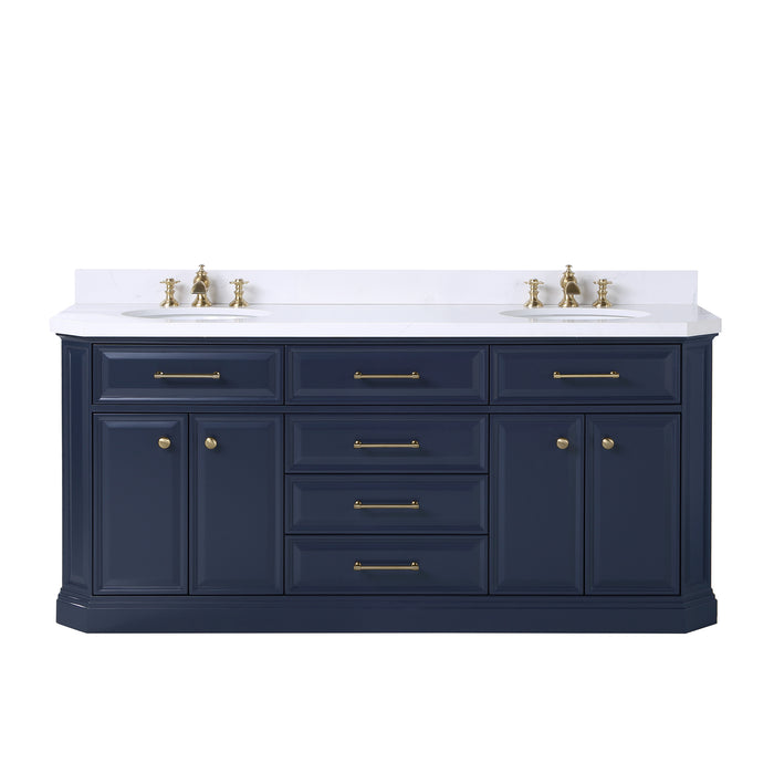 Water Creation | Palace 72" Double Sink White Quartz Countertop Vanity in Monarch Blue Water Creation - Vanity Water Creation No Mirror Waterfall Faucet 