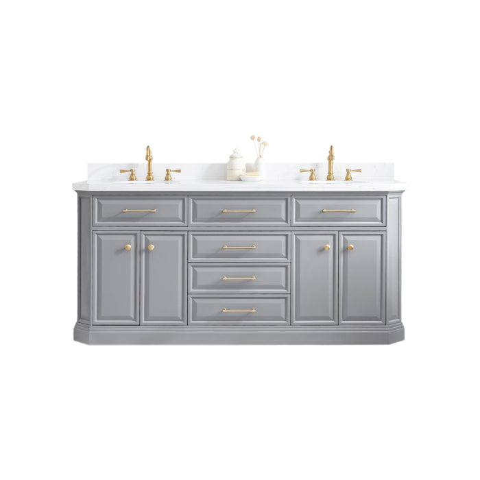 Water Creation | Palace 72" Quartz Carrara Cashmere Grey Bathroom Vanity Set With Hardware in Satin Gold Finish And Only Mirrors in Chrome Finish Water Creation - Vanity Water Creation No Mirror Hook Spout Faucet 