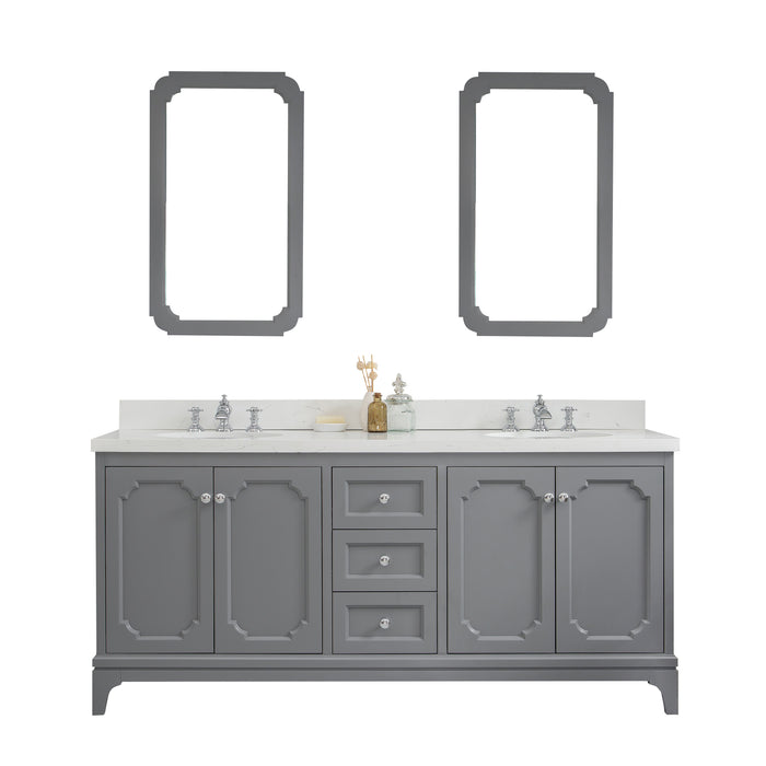 Water Creation | Queen 72" Double Sink Quartz Carrara Vanity In Cashmere Grey Water Creation - Vanity Water Creation 21" Rectangular Mirror Waterfall Faucet 