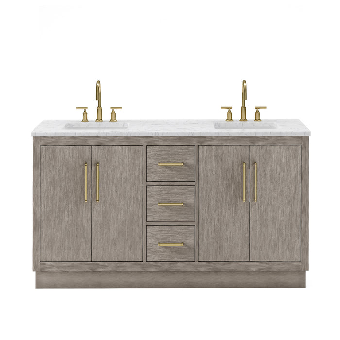 Water Creation | Hugo 60" Double Sink Carrara White Marble Countertop Vanity in Grey Oak and Gold Trim Water Creation - Vanity Water Creation No Mirror Gooseneck Faucet 