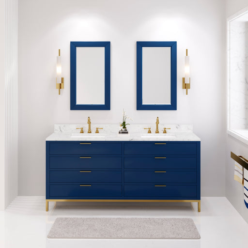 Water Creation | Bristol 72" Double Sink Carrara White Marble Countertop Bath Vanity in Monarch Blue Water Creation - Vanity Water Creation 21" Rectangular Mirror No Faucet 