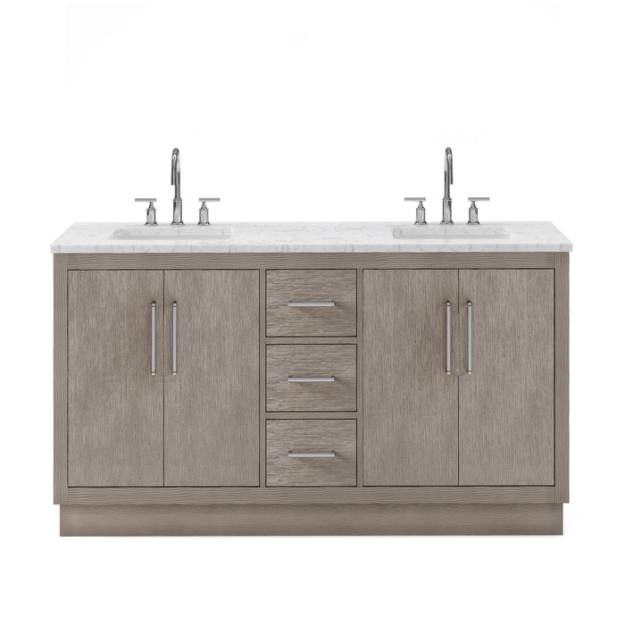 Water Creation | Hugo 60" Double Sink Carrara White Marble Countertop Vanity in Grey Oak and Chrome Trim Water Creation - Vanity Water Creation No Mirror Gooseneck Faucet 