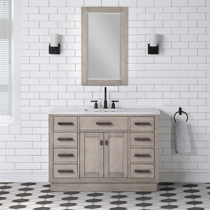 Water Creation | Chestnut 48" Single Sink Carrara White Marble Countertop Vanity In Grey Oak Water Creation - Vanity Water Creation 21" Rectangular Mirror No Faucet 