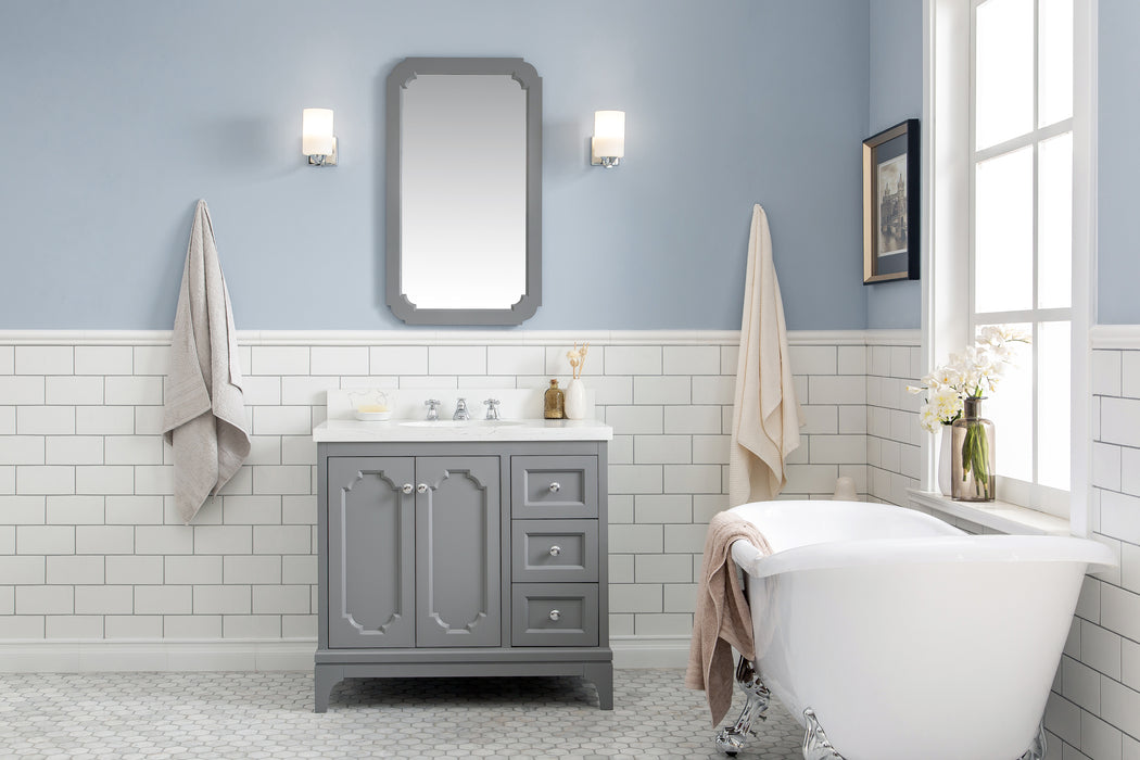 Water Creation | Queen 36" Single Sink Quartz Carrara Vanity In Cashmere Grey Water Creation - Vanity Water Creation 21" Rectangular Mirror No Faucet 