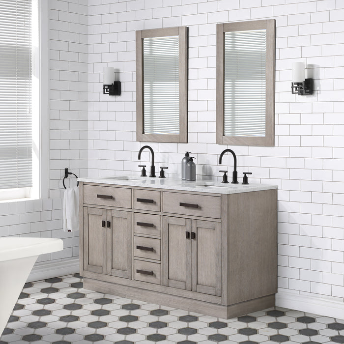 Water Creation | Chestnut 60" Double Sink Carrara White Marble Countertop Vanity In Grey Oak Water Creation - Vanity Water Creation 21" Rectangular Mirror Gooseneck Faucet 