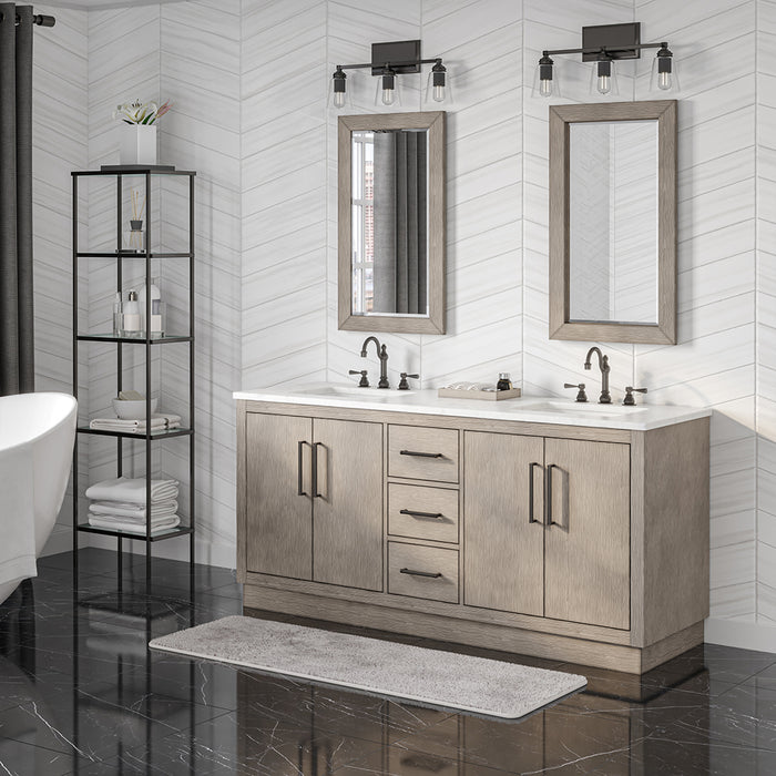 Water Creation | Hugo 72" Double Sink Carrara White Marble Countertop Vanity in Grey Oak and Bronze Trim Water Creation - Vanity Water Creation 21" Rectangular Mirror Hook Spout Faucet 