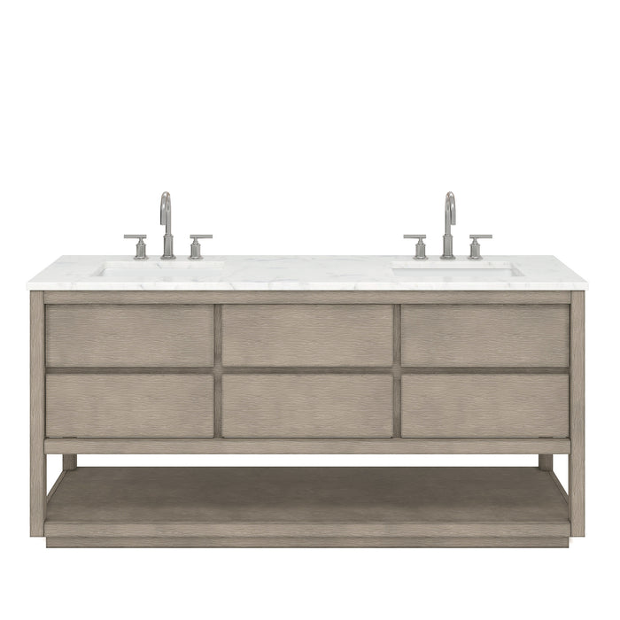 Water Creation | Oakman 72" Double Sink Carrara White Marble Countertop Bath Vanity in Grey Oak Water Creation - Vanity Water Creation No Mirror Chrome Faucet 