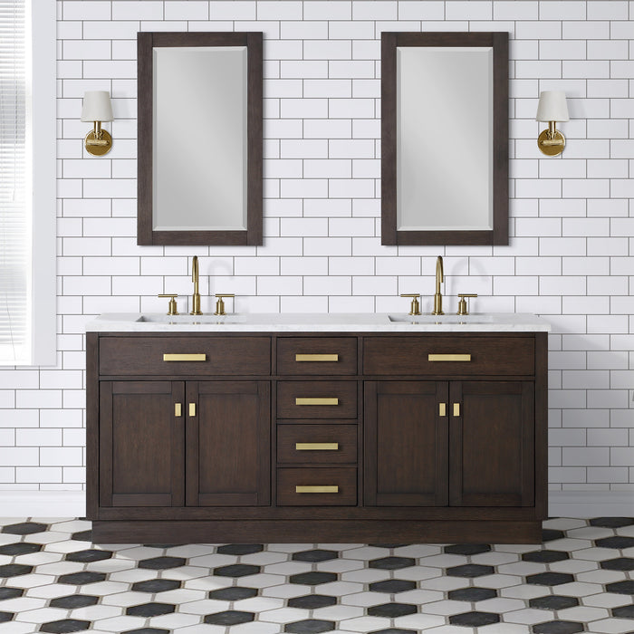 Water Creation | Chestnut 72" Double Sink Carrara White Marble Countertop Vanity In Brown Oak Water Creation - Vanity Water Creation 21" Rectangular Mirror No Faucet 