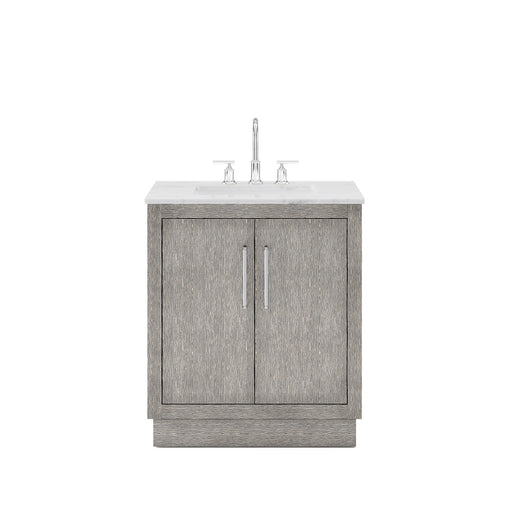 Water Creation | Hugo 30" Single Sink Carrara White Marble Countertop Vanity in Grey Oak and Chrome Trim Water Creation - Vanity Water Creation No Mirror No Faucet 