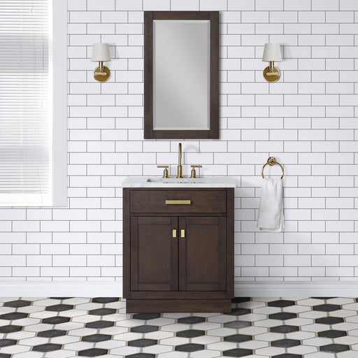 Water Creation | Chestnut 30" Single Sink Carrara White Marble Countertop Vanity In Brown Oak Water Creation - Vanity Water Creation 21" Rectangular Mirror No Faucet 