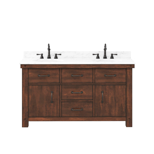 Water Creation | Aberdeen 60" Double Sink Carrara White Marble Countertop Vanity in Rustic Sierra Water Creation - Vanity Water Creation No Mirror No Faucet 