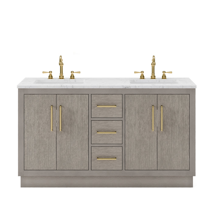 Water Creation | Hugo 60" Double Sink Carrara White Marble Countertop Vanity in Grey Oak and Gold Trim Water Creation - Vanity Water Creation No Mirror No Faucet 