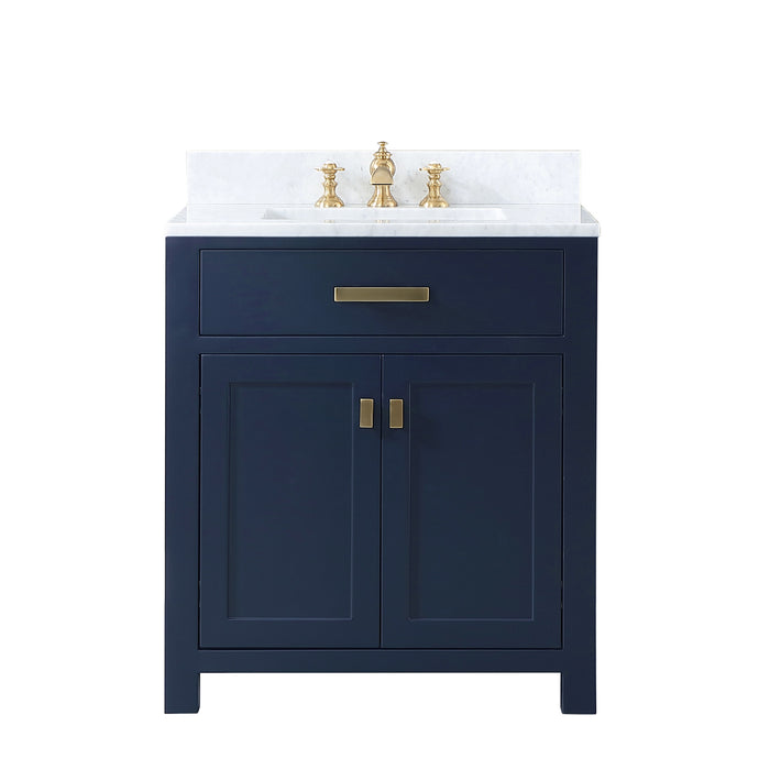 Water Creation | Madison 30" Single Sink Carrara White Marble Vanity In Monarch Blue Water Creation - Vanity Water Creation No Mirror Waterfall Faucet 