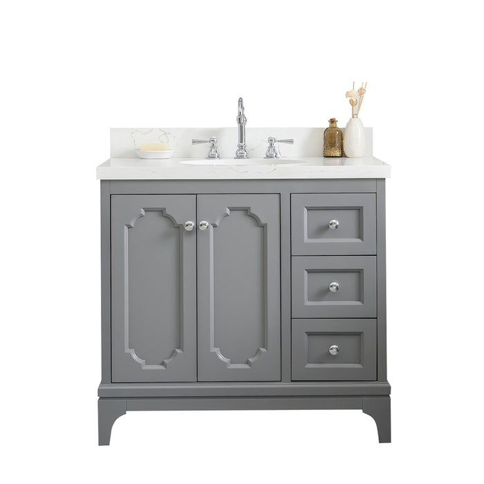Water Creation | Queen 36" Single Sink Quartz Carrara Vanity In Cashmere Grey Water Creation - Vanity Water Creation No Mirror Hook Spout Faucet 