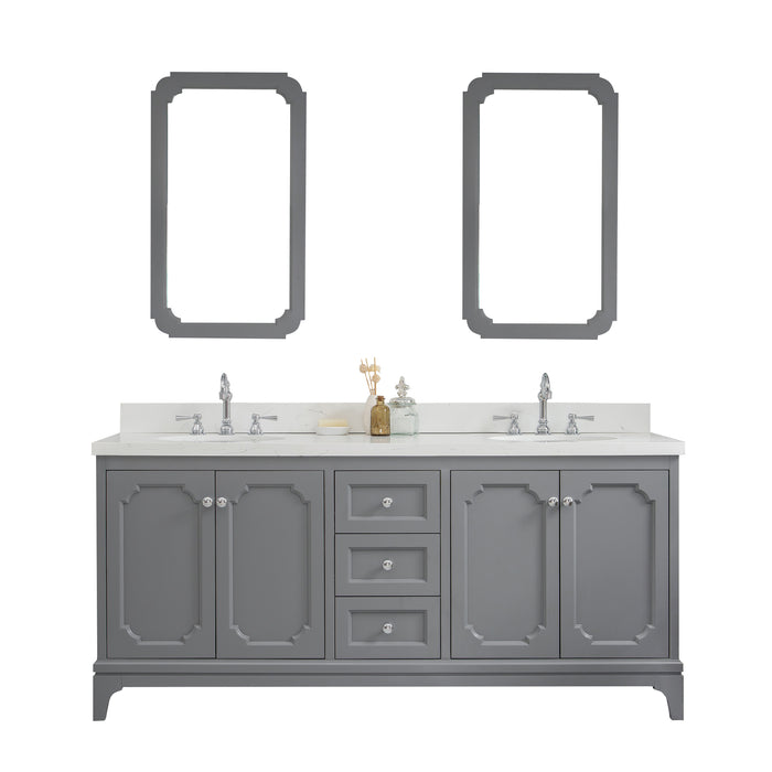 Water Creation | Queen 72" Double Sink Quartz Carrara Vanity In Cashmere Grey Water Creation - Vanity Water Creation 21" Rectangular Mirror Hook Spout Faucet 