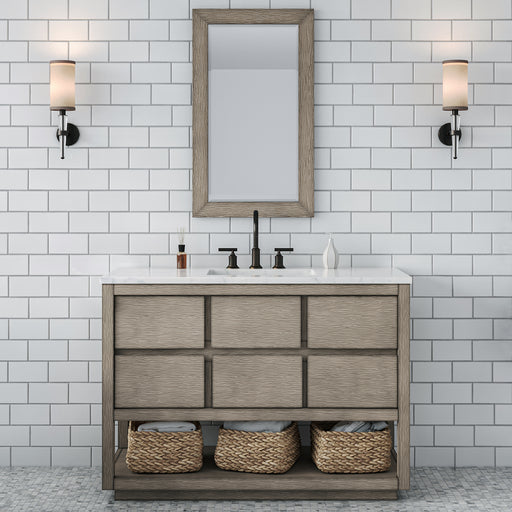 Water Creation | Oakman 48" Single Sink Carrara White Marble Countertop Bath Vanity in Grey Oak Water Creation - Vanity Water Creation 21" Rectangular Mirror No Faucet 