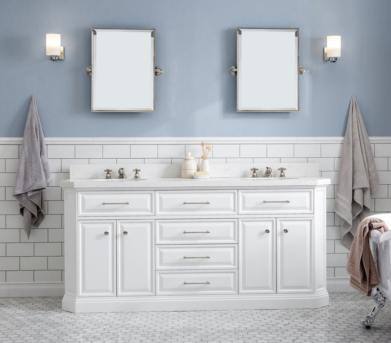 Water Creation | Palace 72" Quartz Carrara Pure White Bathroom Vanity Set With Hardware in Polished Nickel (PVD) Finish Water Creation - Vanity Water Creation 18" Rectangular Mirror No Faucet 