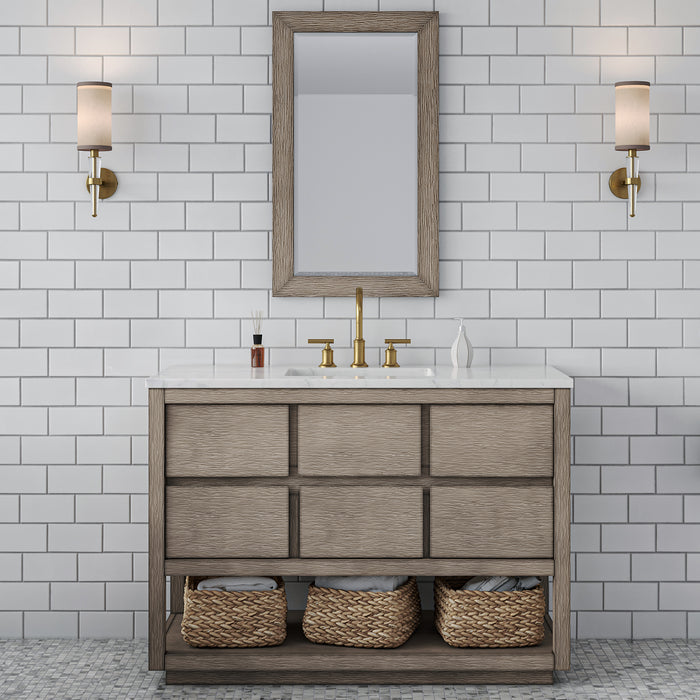 Water Creation | Oakman 48" Single Sink Carrara White Marble Countertop Bath Vanity in Grey Oak Water Creation - Vanity Water Creation 21" Rectangular Mirror Satin Gold 