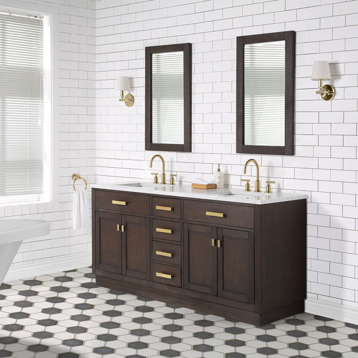 Water Creation | Chestnut 72" Double Sink Carrara White Marble Countertop Vanity In Brown Oak Water Creation - Vanity Water Creation 21" Rectangular Mirror Gooseneck Faucet 