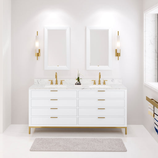 Water Creation | Bristol 72" Double Sink Carrara White Marble Countertop Bath Vanity in Pure White Water Creation - Vanity Water Creation 21" Rectangular Mirror No Faucet 