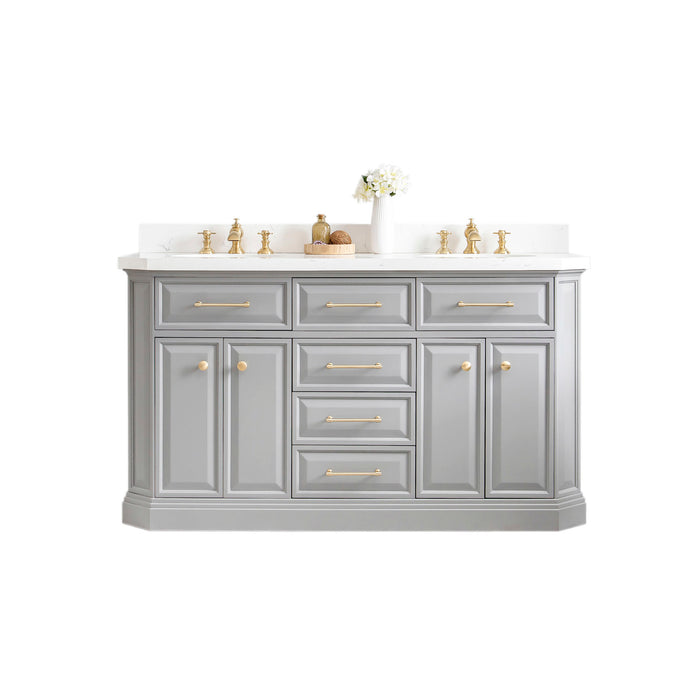 Water Creation | Palace 60" Quartz Carrara Cashmere Grey Bathroom Vanity Set With Hardware in Satin Gold Finish And Only Mirrors in Chrome Finish Water Creation - Vanity Water Creation No Mirror No Faucet 