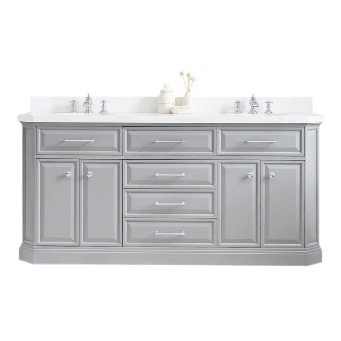 Water Creation | Palace 72" Quartz Carrara Cashmere Grey Bathroom Vanity Set With Hardware in Chrome Finish Water Creation - Vanity Water Creation No Mirror Waterfall Faucet 