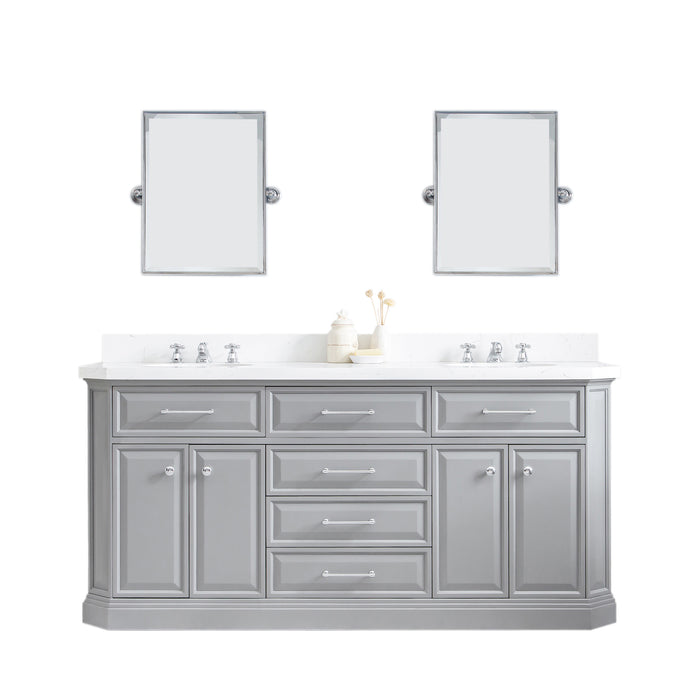 Water Creation | Palace 72" Quartz Carrara Cashmere Grey Bathroom Vanity Set With Hardware in Chrome Finish Water Creation - Vanity Water Creation 18" Rectangular Mirror No Faucet 