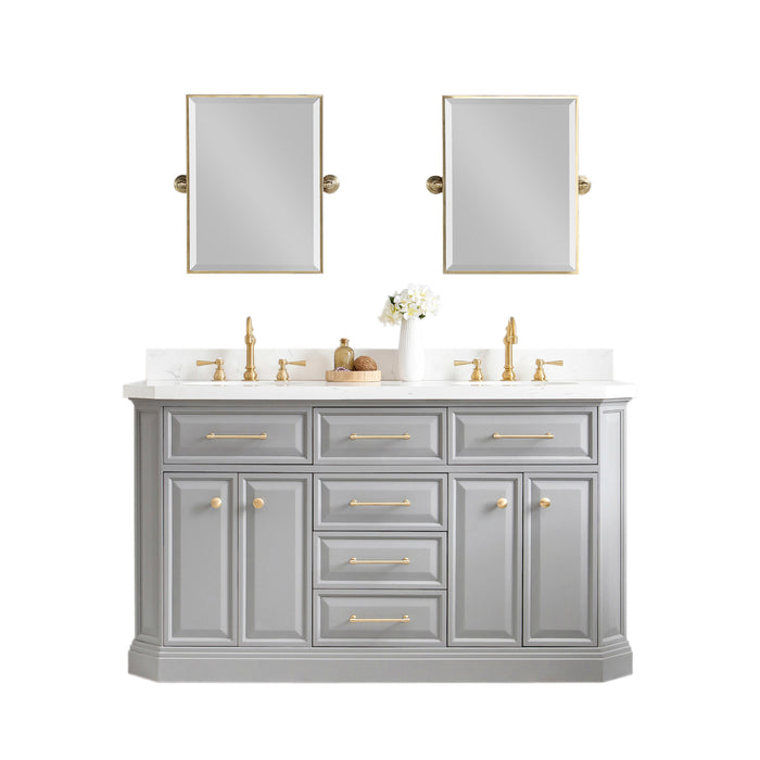 Water Creation | Palace 60" Quartz Carrara Cashmere Grey Bathroom Vanity Set With Hardware in Satin Gold Finish And Only Mirrors in Chrome Finish Water Creation - Vanity Water Creation 18" Rectangular Mirror Hook Spout Faucet 