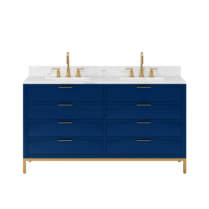 Water Creation | Bristol 60" Double Sink Carrara White Marble Countertop Bath Vanity in Monarch Blue Water Creation - Vanity Water Creation No Mirror Gooseneck Faucet 