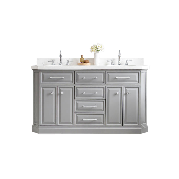 Water Creation | Palace 60" Quartz Carrara Cashmere Grey Bathroom Vanity Set With Hardware in Chrome Finish Water Creation - Vanity Water Creation No Mirror Hook Spout Faucet 