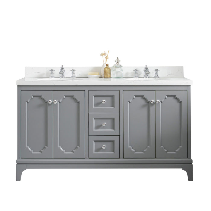 Water Creation | Queen 60" Double Sink Quartz Carrara Vanity In Cashmere Grey Water Creation - Vanity Water Creation No Mirror Waterfall Faucet 