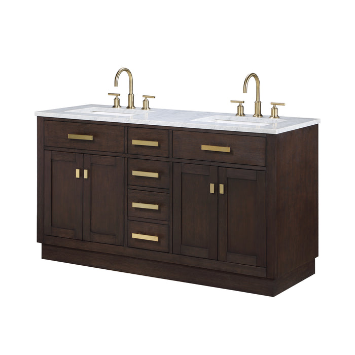 Water Creation | Chestnut 60" Double Sink Carrara White Marble Countertop Vanity In Brown Oak Water Creation - Vanity Water Creation No Mirror Gooseneck Faucet 