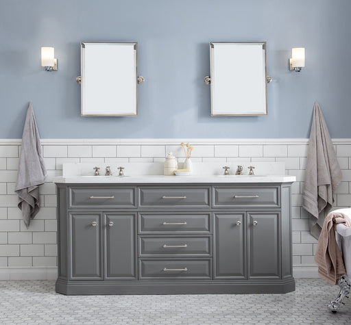 Water Creation | Palace 72" Quartz Carrara Cashmere Grey Bathroom Vanity Set With Hardware in Polished Nickel (PVD) Finish Water Creation - Vanity Water Creation 18" Rectangular Mirror No Faucet 