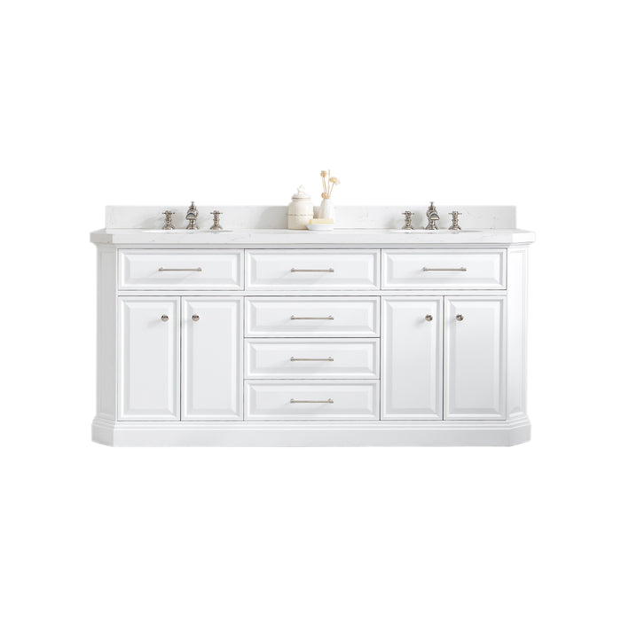 Water Creation | Palace 72" Quartz Carrara Pure White Bathroom Vanity Set With Hardware in Polished Nickel (PVD) Finish Water Creation - Vanity Water Creation No Mirror Waterfall Faucet 