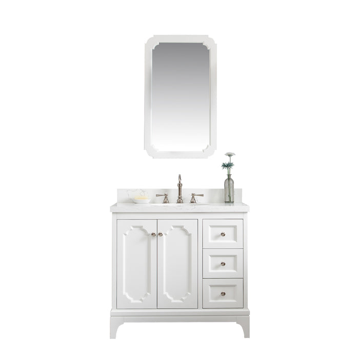 Water Creation | Queen 36" Single Sink Quartz Carrara Vanity In Pure White Water Creation - Vanity Water Creation 21" Rectangular Mirror Hook Spout Faucet 