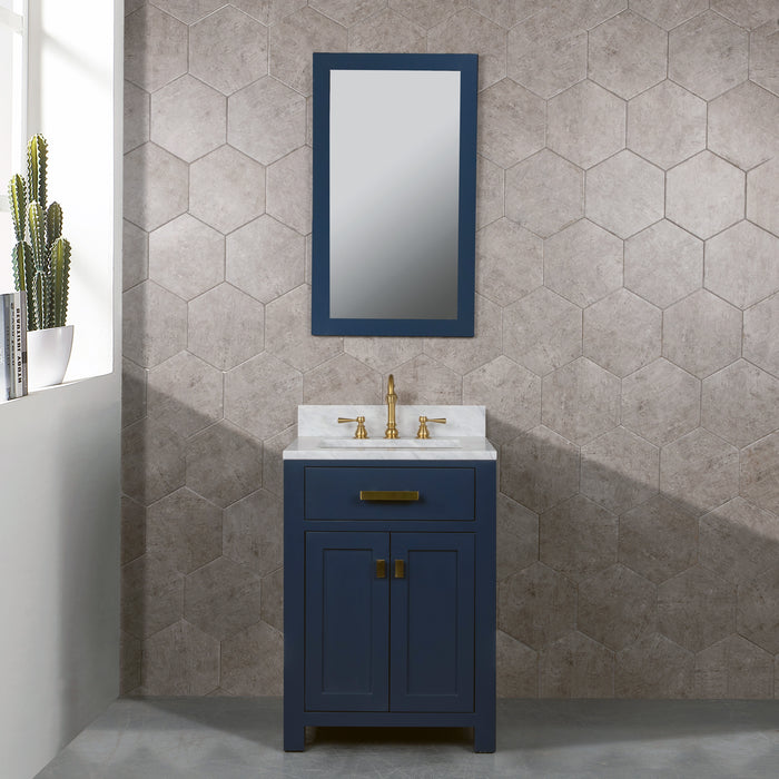 Water Creation | Madison 24" Single Sink Carrara White Marble Vanity In Monarch Blue Water Creation - Vanity Water Creation 21" Rectangular Mirror No Faucet 