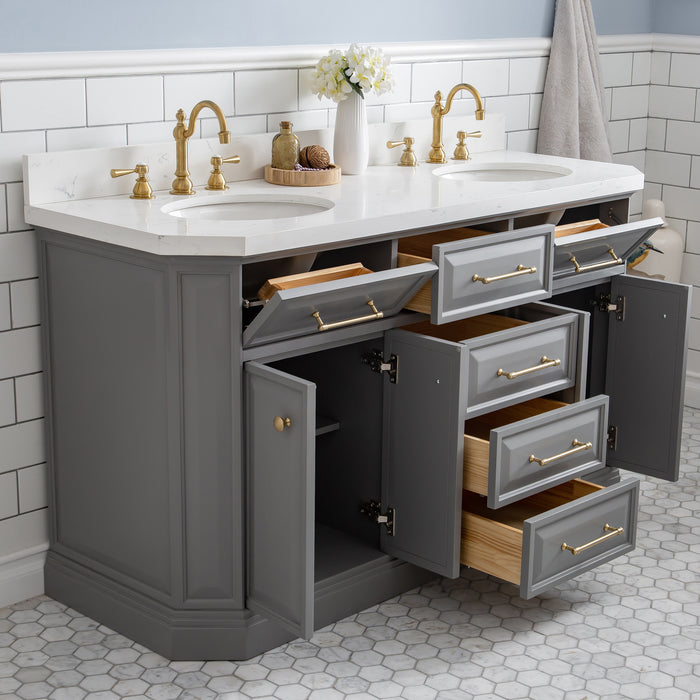 Water Creation | Palace 60" Quartz Carrara Cashmere Grey Bathroom Vanity Set With Hardware in Satin Gold Finish And Only Mirrors in Chrome Finish Water Creation - Vanity Water Creation   