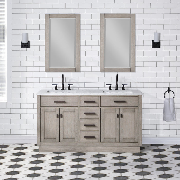 Water Creation | Chestnut 60" Double Sink Carrara White Marble Countertop Vanity In Grey Oak Water Creation - Vanity Water Creation 21" Rectangular Mirror No Faucet 