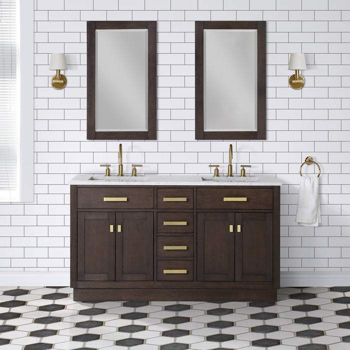 Water Creation | Chestnut 60" Double Sink Carrara White Marble Countertop Vanity In Brown Oak Water Creation - Vanity Water Creation 21" Rectangular Mirror No Faucet 