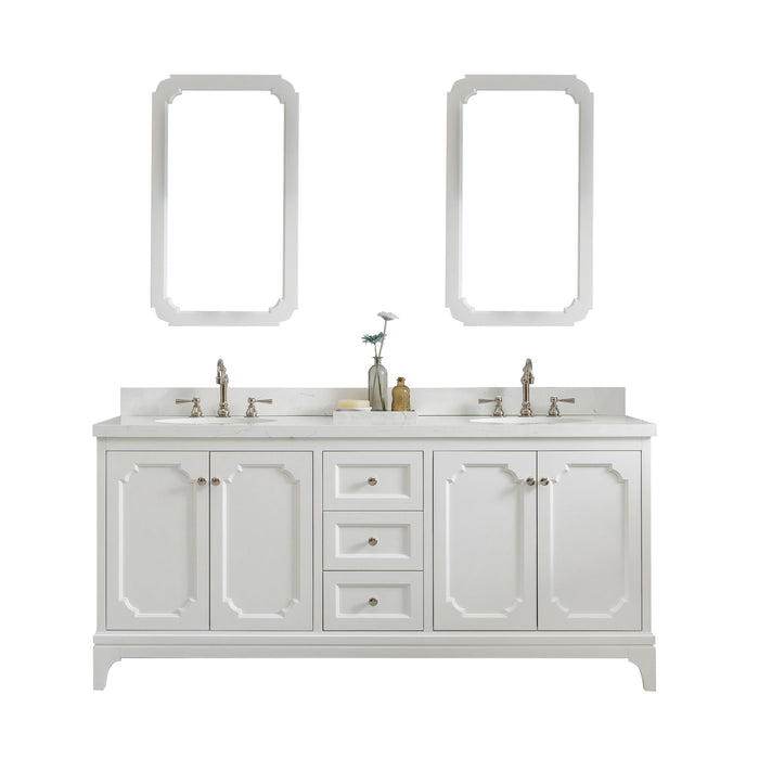 Water Creation | Queen 72" Double Sink Quartz Carrara Vanity In Pure White Water Creation - Vanity Water Creation 21" Rectangular Mirror Hook Spout Faucet 