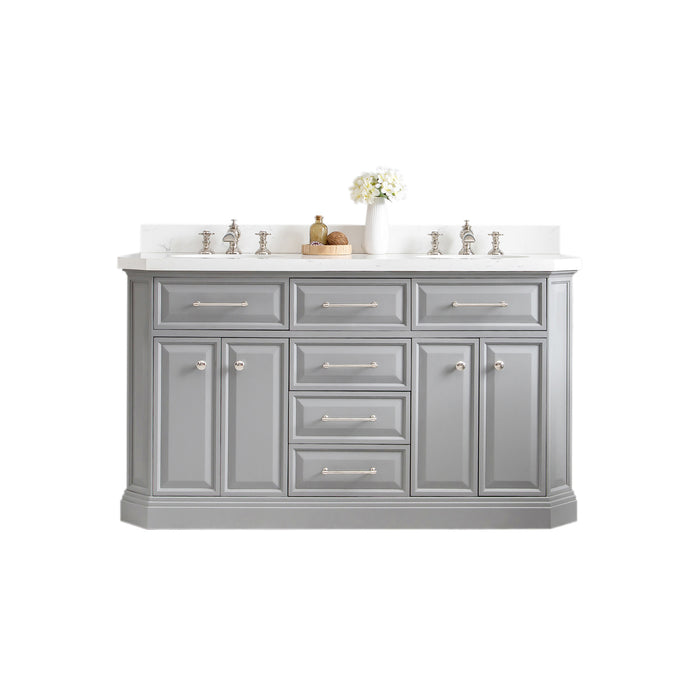 Water Creation | Palace 60" Quartz Carrara Cashmere Grey Bathroom Vanity Set With Hardware in Polished Nickel (PVD) Finish Water Creation - Vanity Water Creation No Mirror Waterfall Faucet 