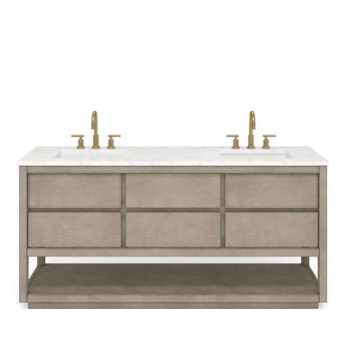 Water Creation | Oakman 72" Double Sink Carrara White Marble Countertop Bath Vanity in Grey Oak Water Creation - Vanity Water Creation No Mirror Satin Gold 