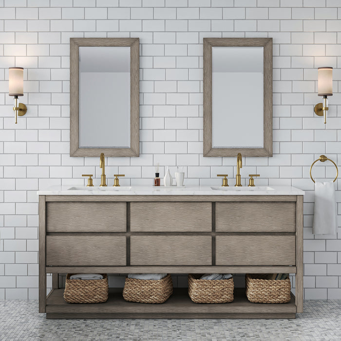 Water Creation | Oakman 72" Double Sink Carrara White Marble Countertop Bath Vanity in Grey Oak Water Creation - Vanity Water Creation 21" Rectangular Mirror Satin Gold 