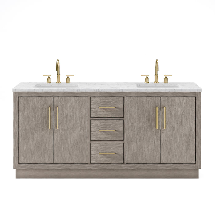 Water Creation | Hugo 72" Double Sink Carrara White Marble Countertop Vanity in Grey Oak and Gold Trim Water Creation - Vanity Water Creation No Mirror Gooseneck Faucet 