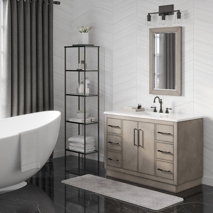 Water Creation | Hugo 48" Single Sink Carrara White Marble Countertop Vanity in Grey Oak and Bronze Trim Water Creation - Vanity Water Creation 21" Rectangular Mirror Hook Spout Faucet 