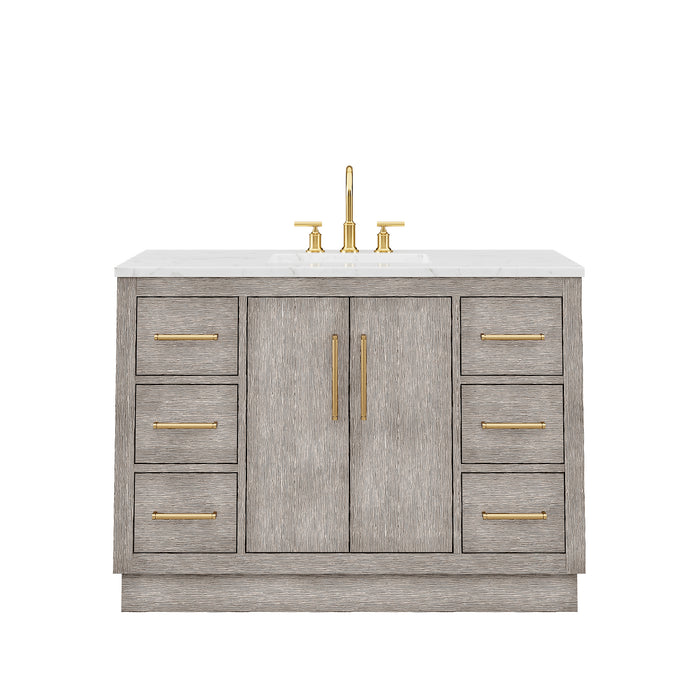 Water Creation | Hugo 48" Single Sink Carrara White Marble Countertop Vanity in Grey Oak and Gold Trim Water Creation - Vanity Water Creation No Mirror No Faucet 