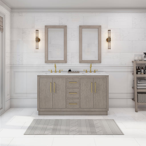 Water Creation | Hugo 60" Double Sink Carrara White Marble Countertop Vanity in Grey Oak and Gold Trim Water Creation - Vanity Water Creation 21" Rectangular Mirror No Faucet 