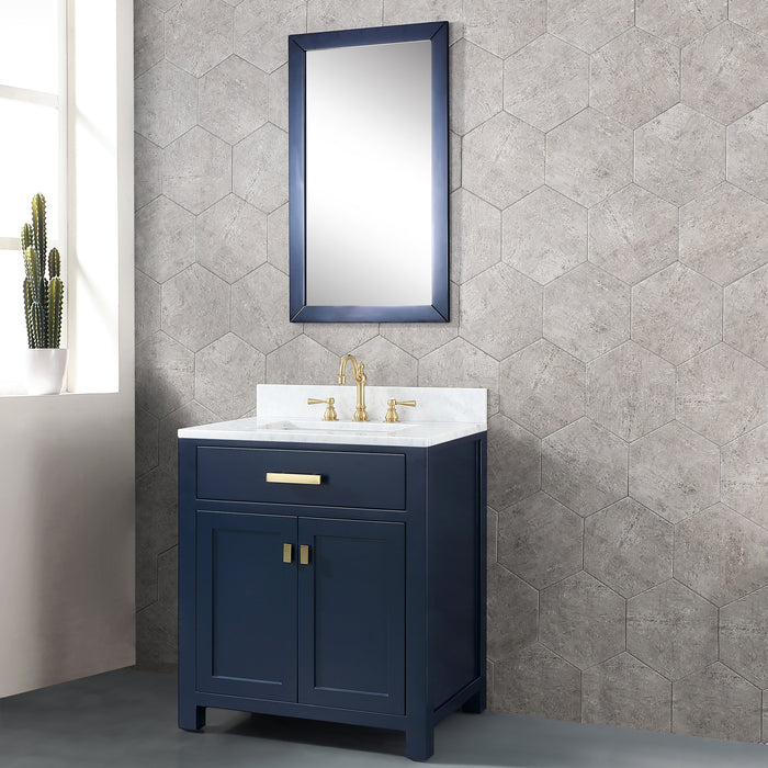 Water Creation | Madison 30" Single Sink Carrara White Marble Vanity In Monarch Blue Water Creation - Vanity Water Creation 21" Rectangular Mirror Hook Spout Faucet 